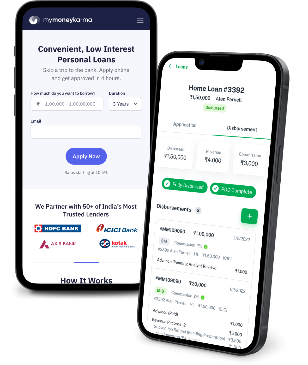 Phone mockup of loan application and loan management screens